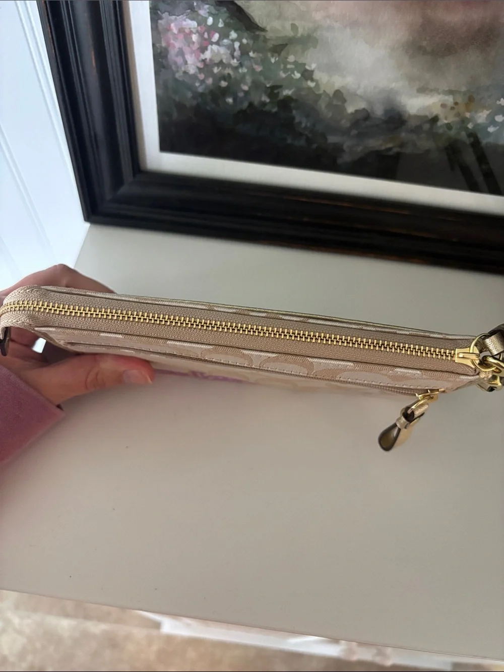 Coach Beige Signature Floral Wristlet with Gold Trim